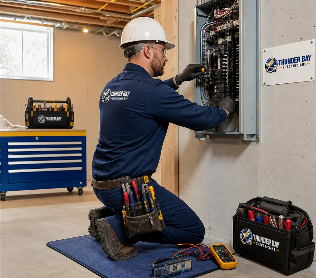 Licensed electrician working safely at a residential electrical panel in Thunder Bay