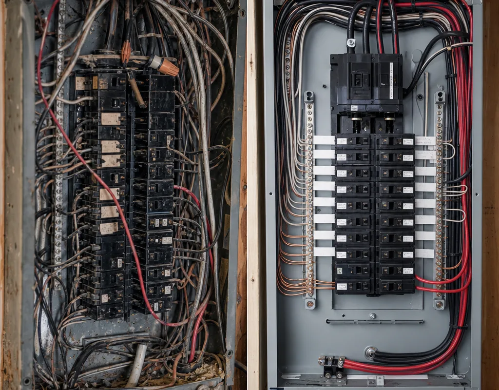 Electrical panel before and after replacement with neat wiring and clear labeling
