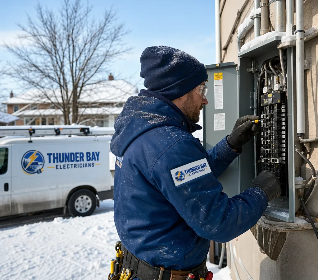 Licensed electrical contractor servicing a residential electrical panel in Thunder Bay