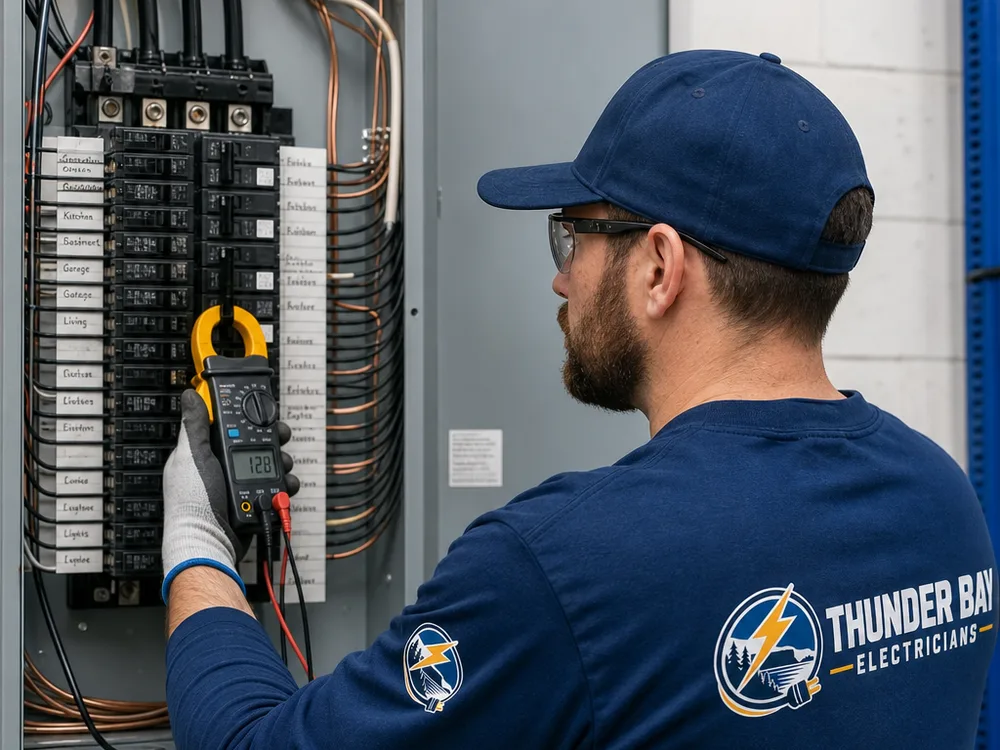 Clamp meter checking circuit load in a neatly wired and labeled electrical panel