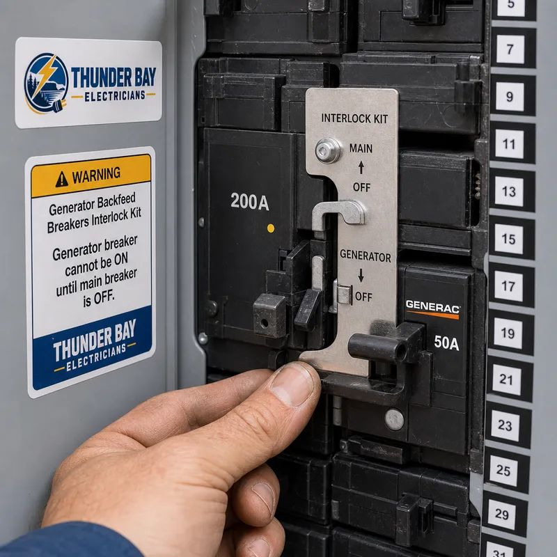 Mechanical generator interlock installed between a panel main breaker and generator backfeed breaker