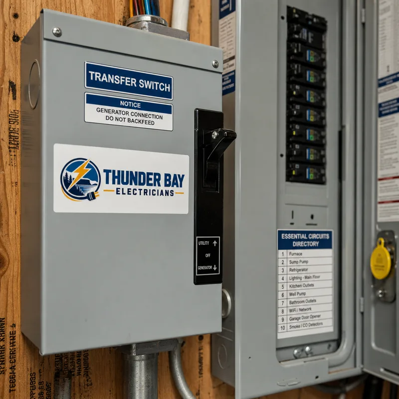 Labeled generator transfer switch beside a main electrical panel with identified essential circuits