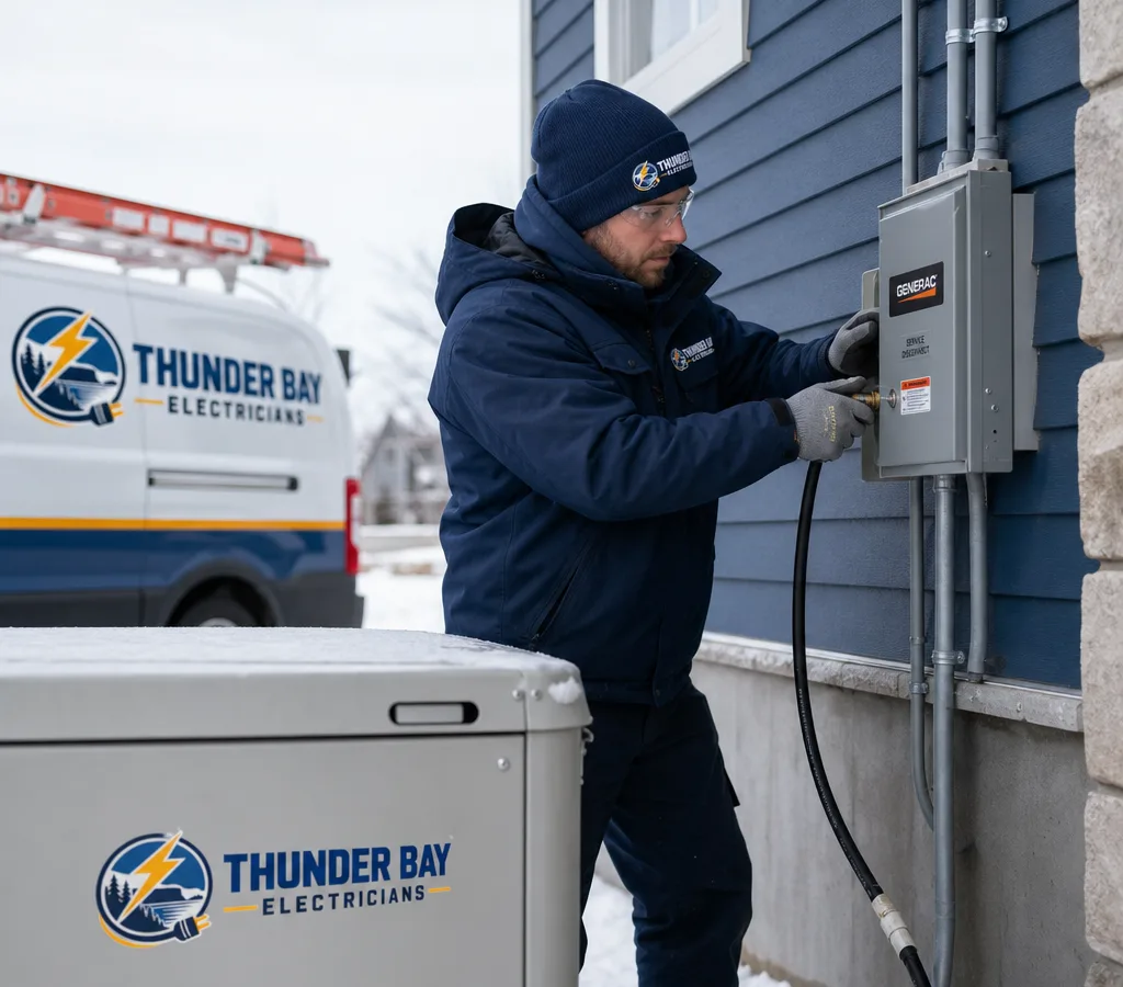 Licensed electrician connecting a standby generator to an exterior transfer switch beside a Thunder Bay home in winter