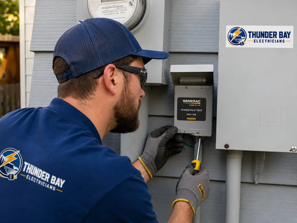 Weatherproof and labeled generator inlet beside an electrical meter and service disconnect