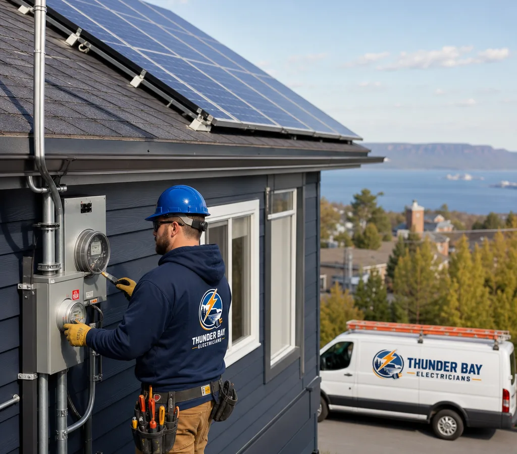 Residential rooftop solar array on a Thunder Bay home with an electrician inspecting the service entrance and conduit