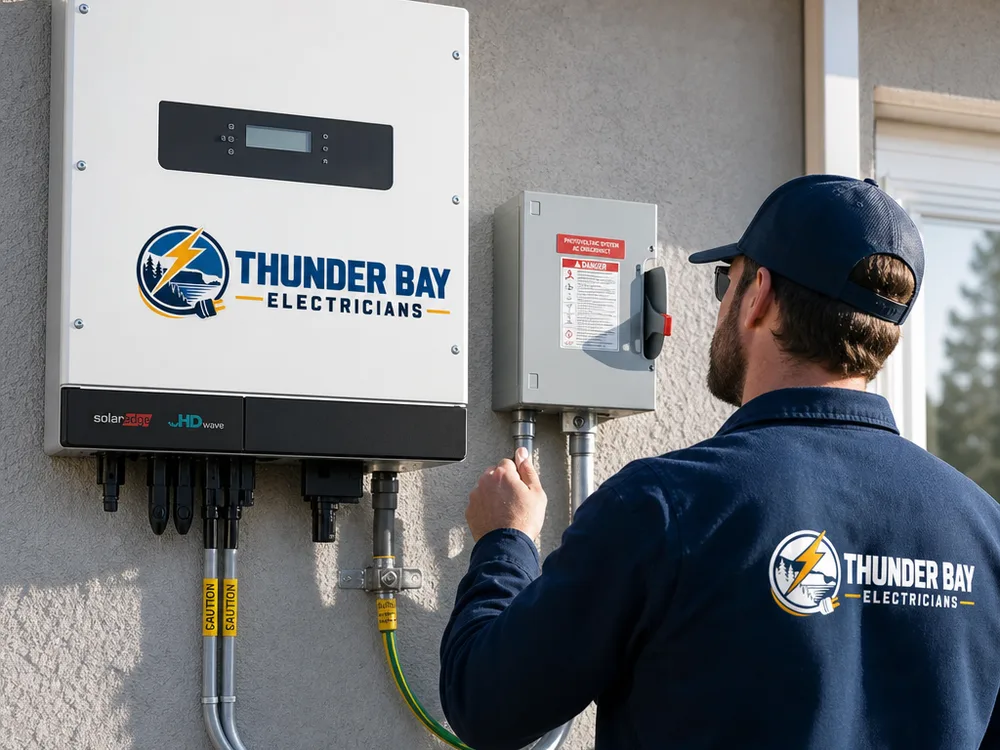 Neatly installed solar inverter and AC disconnect with labeled conduits and visible grounding connection