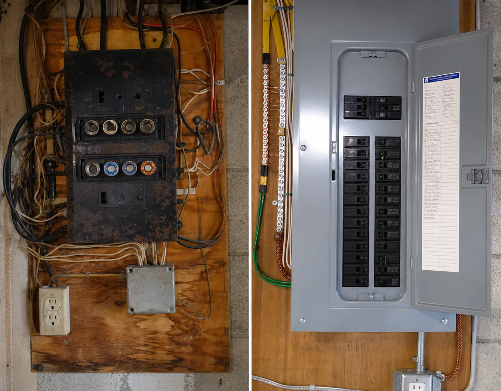 Older fuse box replaced with a modern breaker panel, updated grounding and bonding, and a labeled circuit directory