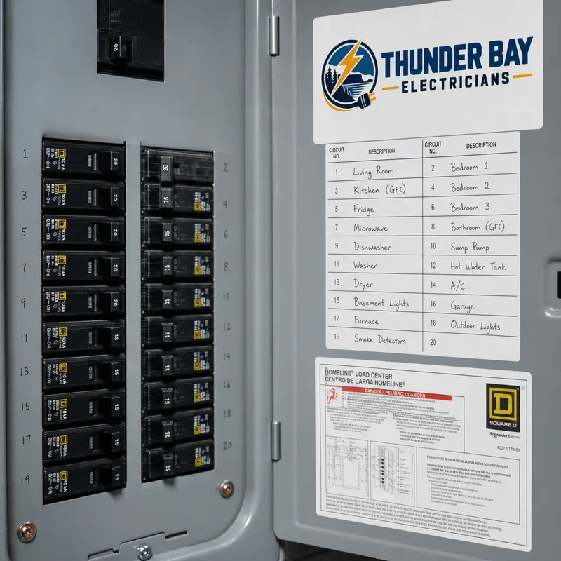 Close-up of labeled breakers and a neatly written circuit directory on the panel door