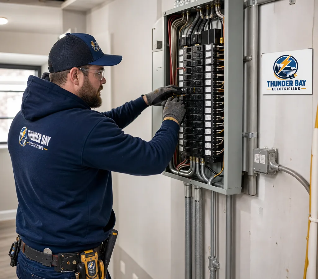 Licensed electrician installing a new breaker panel with labeled circuits and tidy conduit in a Thunder Bay home utility area